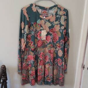 Johnny Was Teal and Pink Floral Tunic